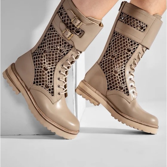 Pinko Shoes - Pinko Beige Leather Combat Boots • Lug Sole • Lace-Up w/ Zipper